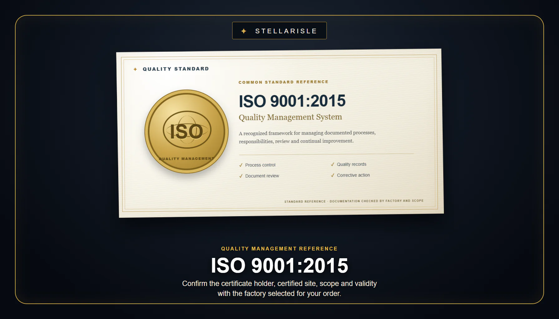 ISO 9001:2015 quality-management reference graphic with a circular ISO identification mark