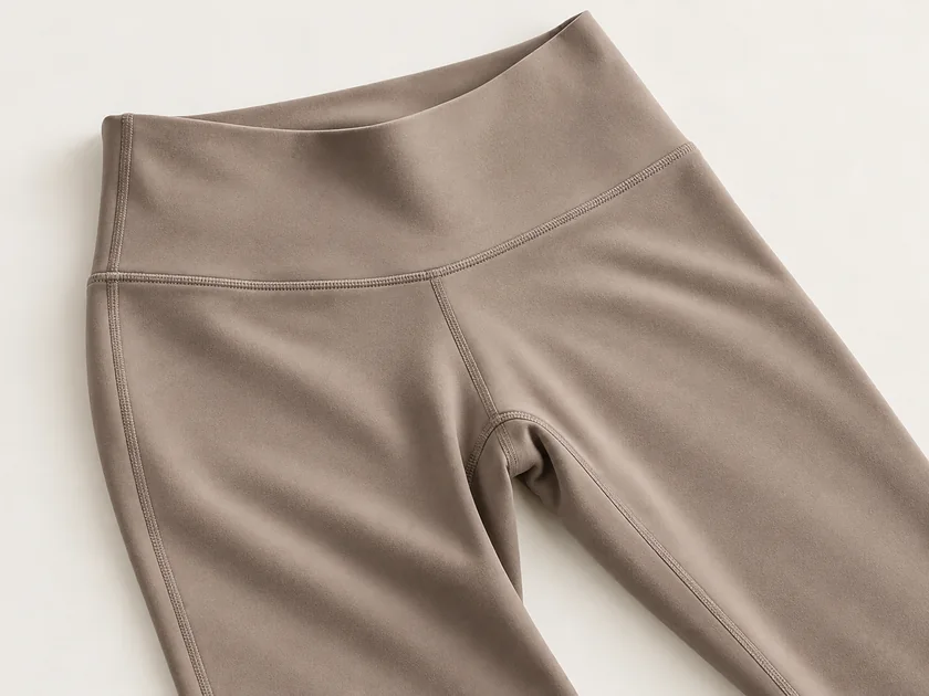 High-waist yoga leggings in brushed nylon elastane showing the waistband gusset and flatlock seams