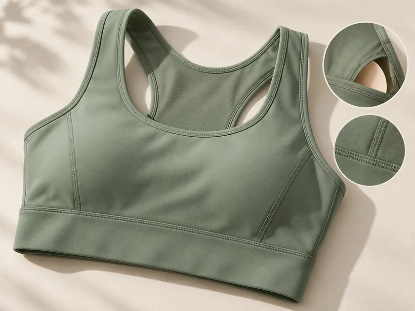 Longline yoga sports bra in smooth double knit nylon elastane showing lining underband and seam construction